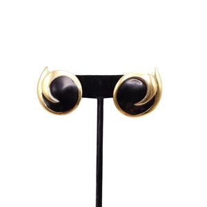 Monet Clip On Earrings Gold Tone Black Enamel Swirl Vintage Statement